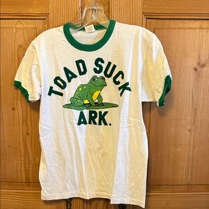 Vintage 70s Russell Athletic White & Green ‘Toad Suck Ark.' Graphic Ringer Tee